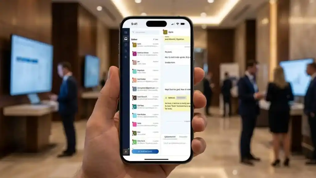 Staff member with the RippleCom inbox on a phone