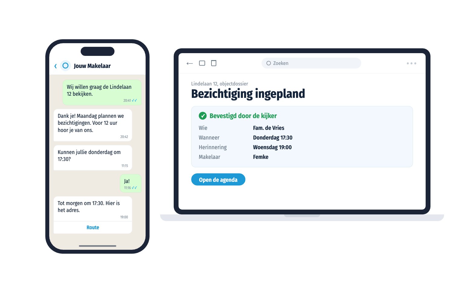 Een kijker bevestigt een bezichtiging via WhatsApp en krijgt de avond ervoor een herinnering met route. Op kantoor staat de bezichtiging ingepland.