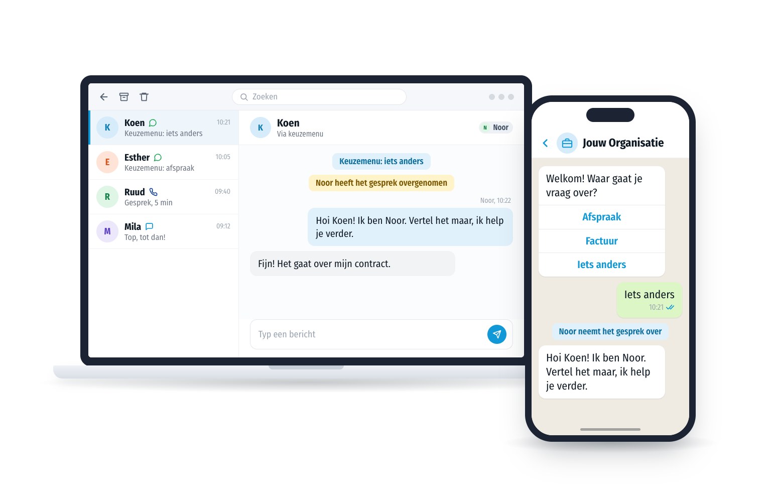 Een keuzemenu in WhatsApp helpt de klant op weg, waarna medewerker Noor het gesprek persoonlijk overneemt. Op de laptop staat het gesprek in het gedeelde overzicht van het team.