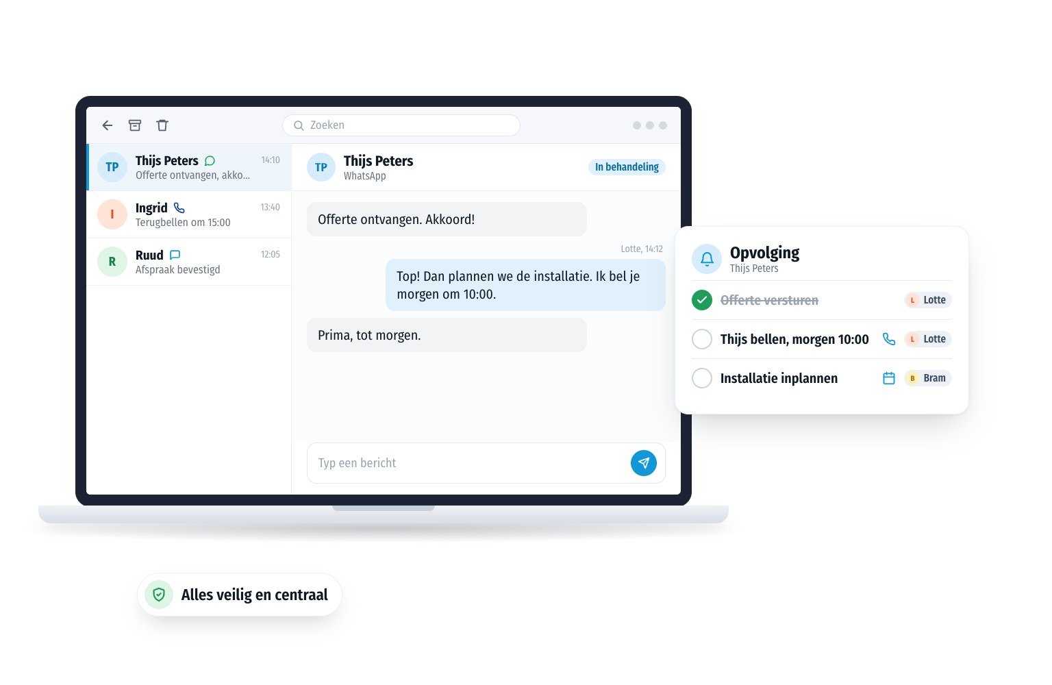Een klant gaat via WhatsApp akkoord met de offerte. Naast het gesprek staat de opvolging met taken per collega, zodat niets blijft liggen.