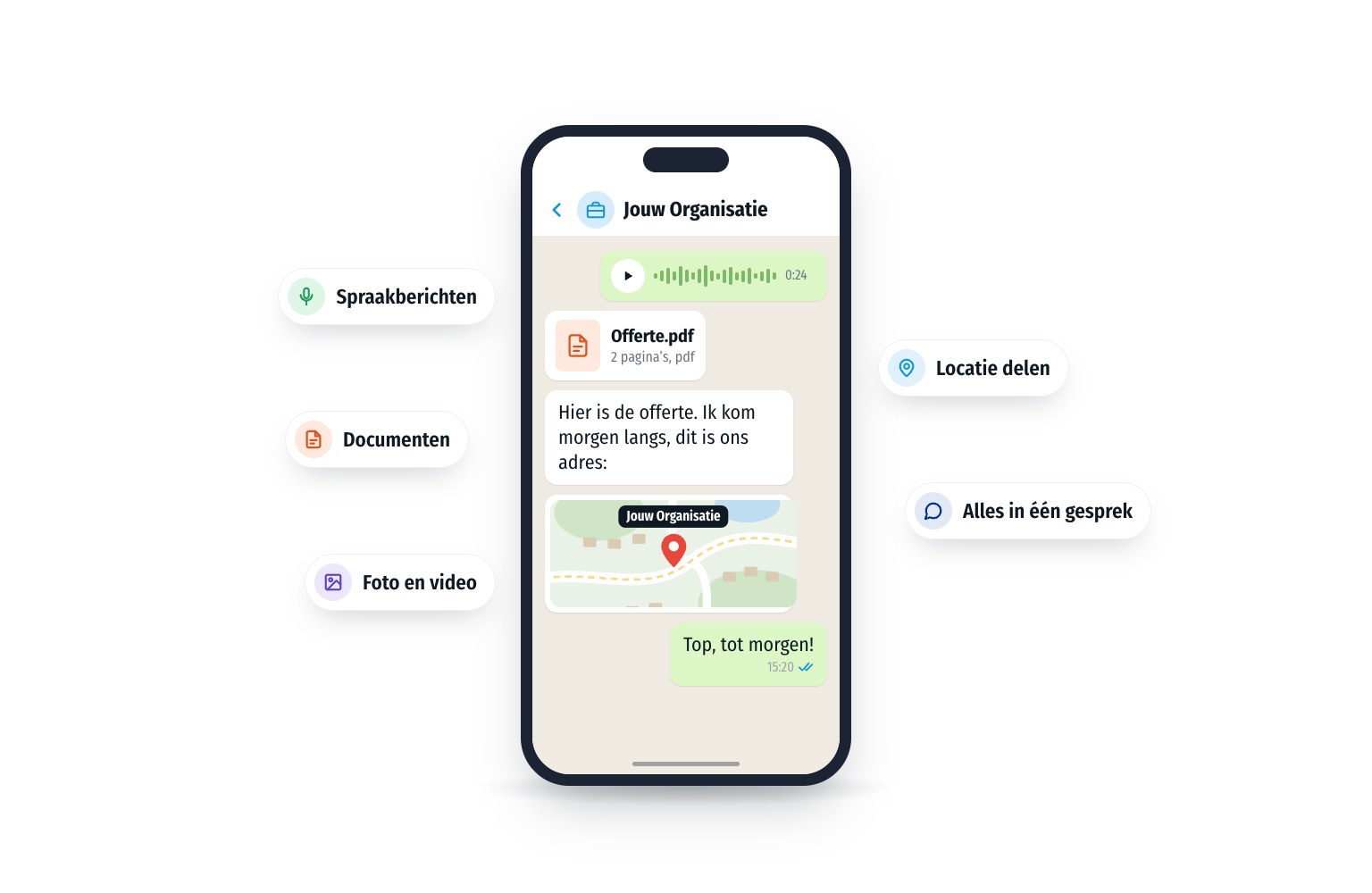 Een WhatsApp gesprek met een spraakbericht, een offerte als pdf en een gedeelde locatie. Rondom staan de mogelijkheden: spraak, documenten, foto en video, locatie.