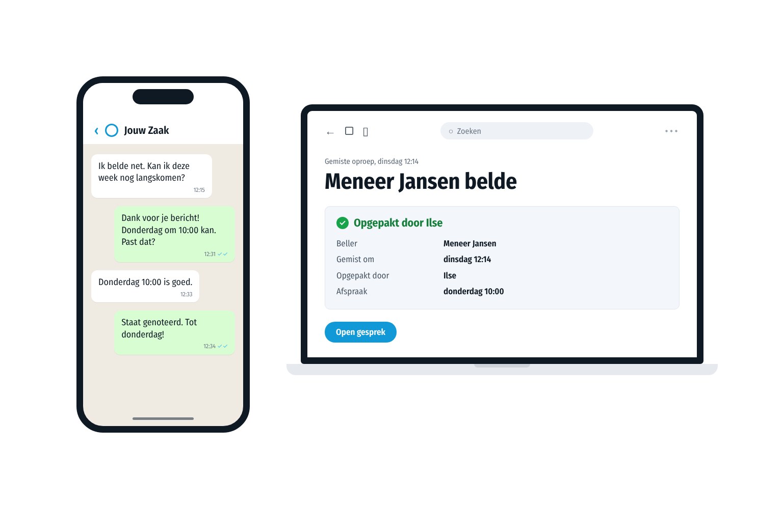 Een klant appt het nummer van de zaak nadat hij niemand kon bereiken. Op de laptop staat zijn gemiste oproep in de mail van de zaak, opgepakt door collega Ilse, met een afspraak op donderdag.