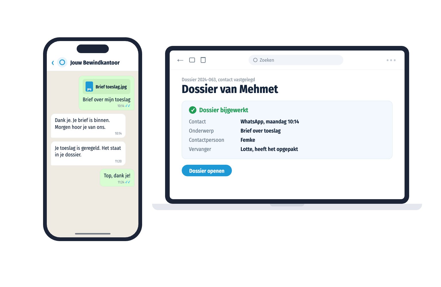 Een cliënt stuurt een foto van een brief over zijn toeslag. Het contact staat in het dossier en de vervanger pakt het op.