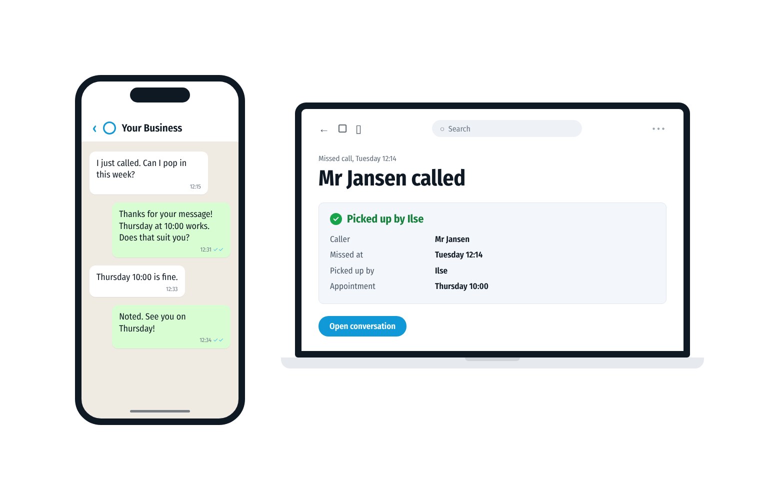 A customer sends a WhatsApp message to the business number after he could not reach anyone. On the laptop his missed call is in the business email, picked up by colleague Ilse, with an appointment on Thursday.