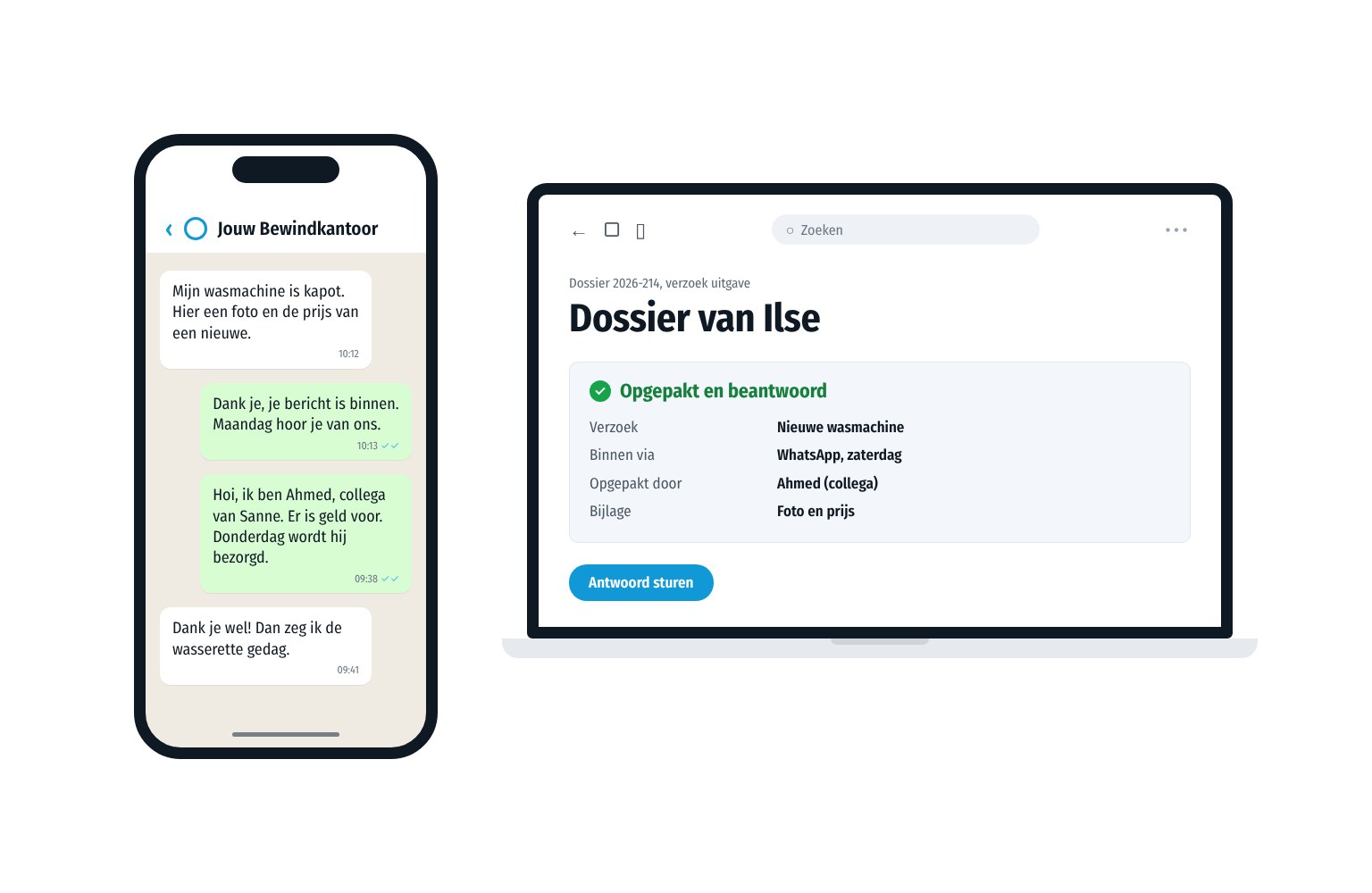 Een cliënt appt het bewindkantoor een foto van een kapotte wasmachine. Op de laptop ziet een collega het verzoek in het dossier en stuurt een antwoord via WhatsApp.