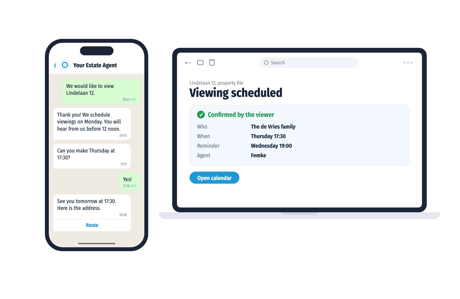 A viewer confirms a viewing via WhatsApp and gets a reminder with the route the evening before. At the office the viewing is scheduled.