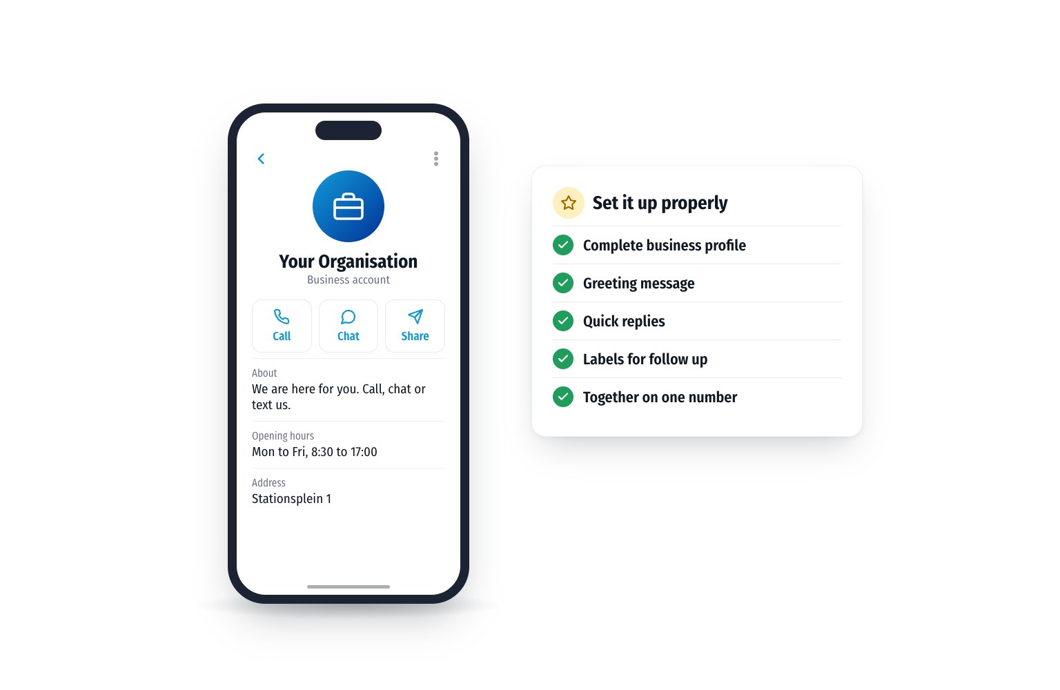 A business profile in WhatsApp with name, opening hours and buttons to call or chat. Next to it a checklist for setting up business WhatsApp properly.