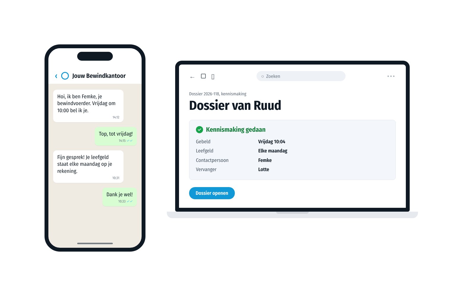 Een bewindvoerder stelt zich via WhatsApp voor en belt op het afgesproken tijdstip. In het dossier staan de kennismaking, het leefgeld, de contactpersoon en de vervanger.