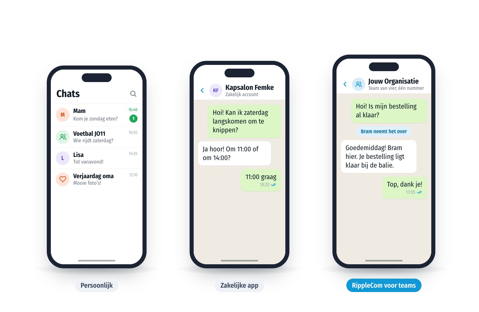 Drie telefoons naast elkaar: persoonlijke WhatsApp voor familie en vrienden, de zakelijke app voor één ondernemer en RippleCom, waar een heel team op één nummer werkt.