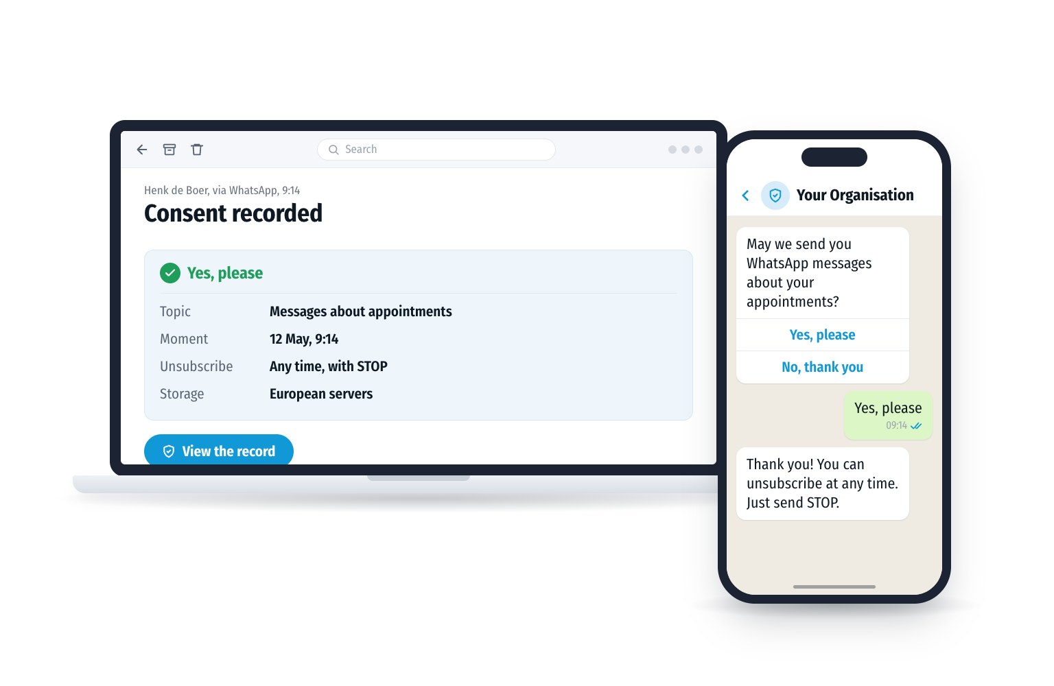 An organisation asks via WhatsApp for consent to send messages about appointments. The consent is recorded with time, topic and the option to unsubscribe.