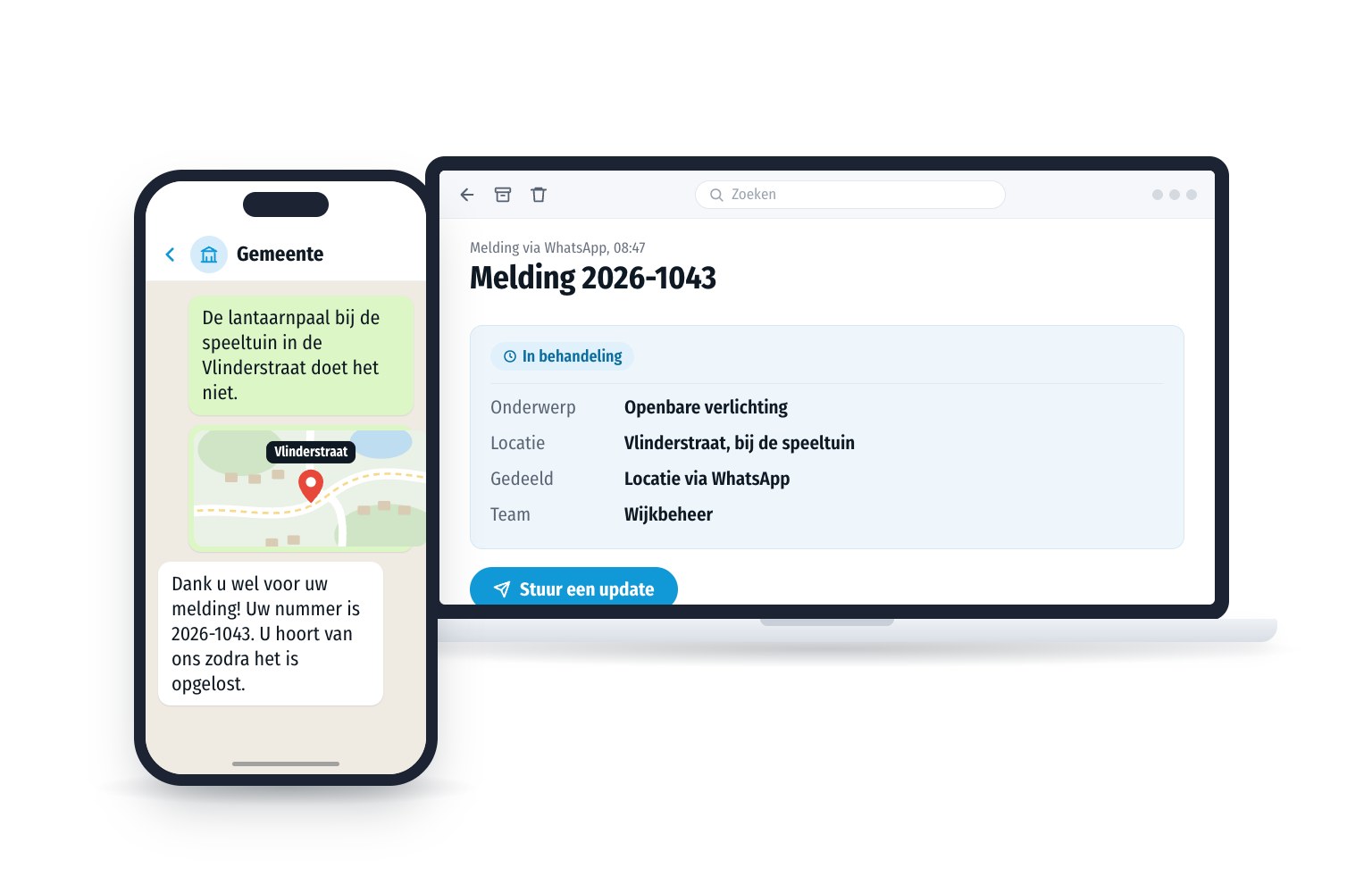 Een inwoner meldt via WhatsApp een kapotte lantaarnpaal en deelt de locatie. De melding krijgt meteen een nummer en staat klaar bij het juiste team van de gemeente.