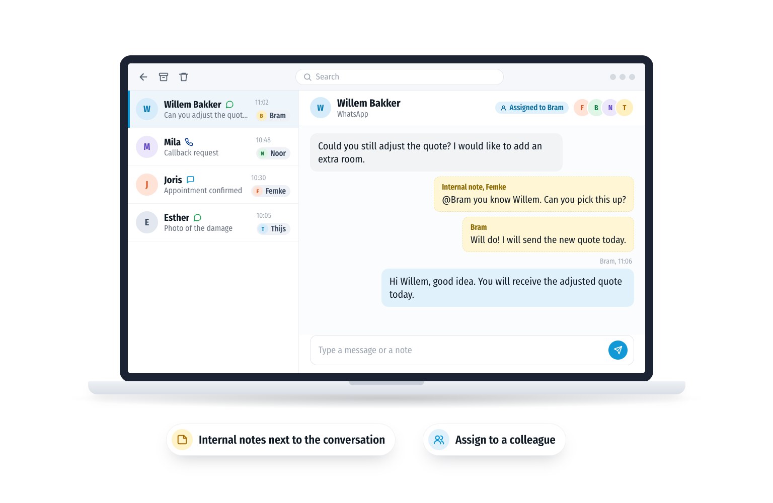 A team works together on one customer conversation. A colleague uses an internal note to ask Bram to pick it up, the conversation is assigned to him and he replies to the customer.