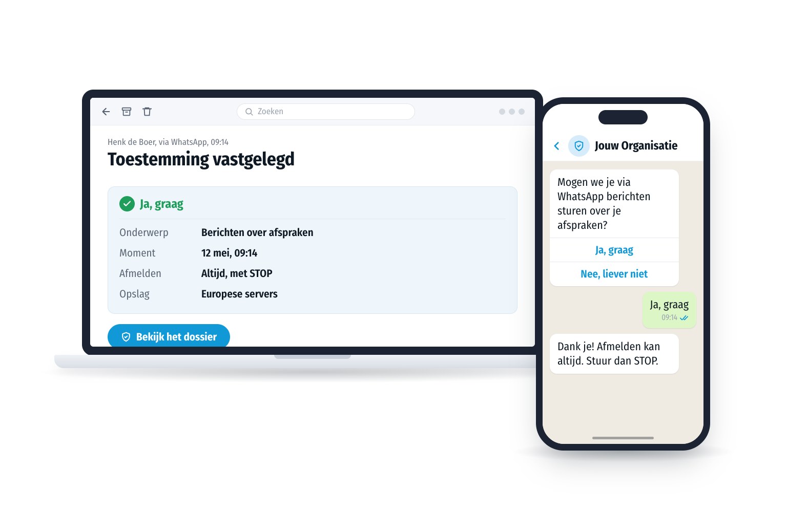 Een organisatie vraagt via WhatsApp toestemming om berichten over afspraken te sturen. De toestemming wordt vastgelegd met moment, onderwerp en afmeldmogelijkheid.