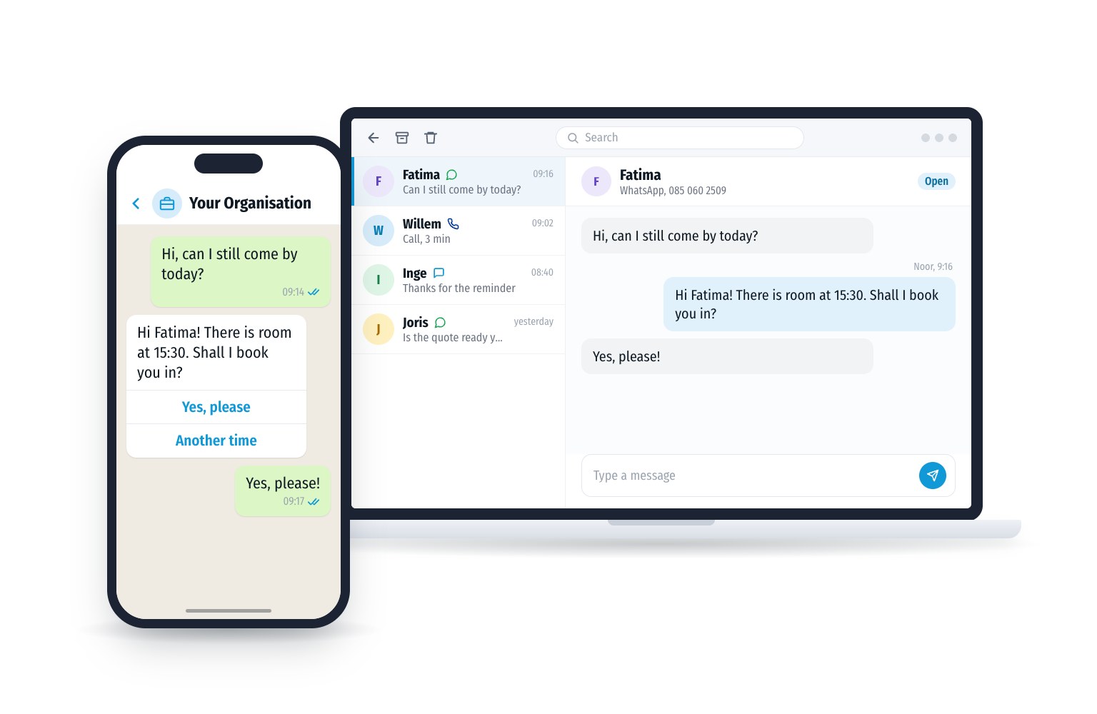 A customer asks via WhatsApp whether she can come by today and gets a time within minutes. On the laptop the team sees all calls, WhatsApp messages and texts in one place.