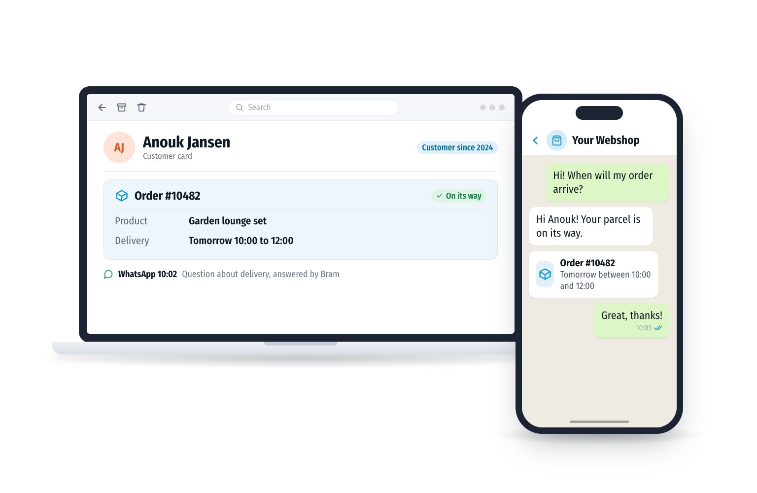 A customer asks via WhatsApp when her order will arrive and immediately gets the delivery time. The laptop shows the customer card with the order and the conversation.