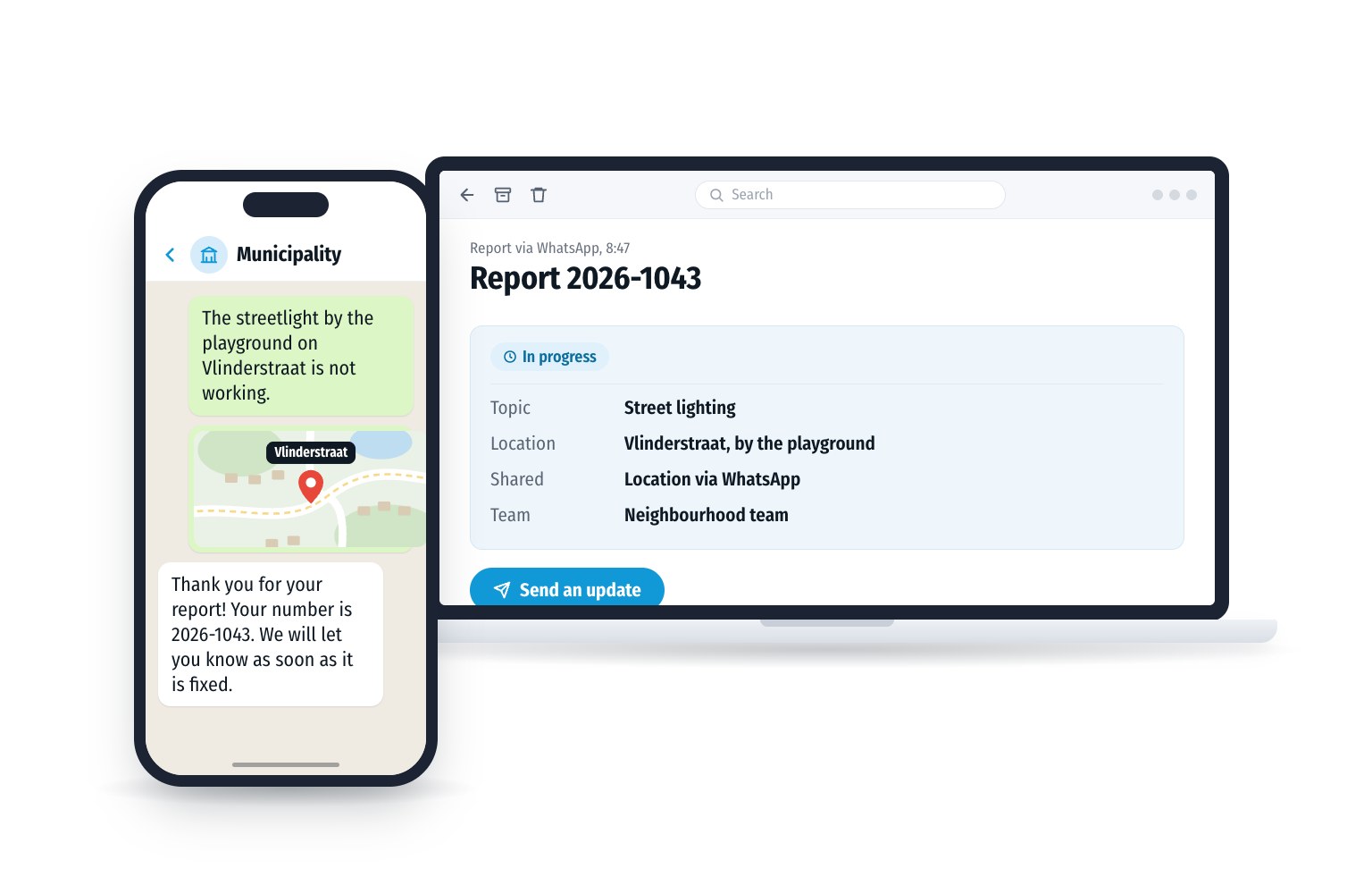 A resident reports a broken streetlight via WhatsApp and shares the location. The report immediately gets a number and is ready for the right team at the municipality.