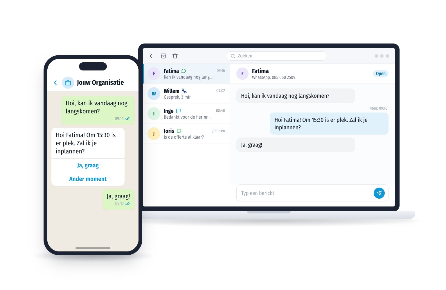 Een klant vraagt via WhatsApp of ze vandaag langs kan komen en krijgt binnen een paar minuten een tijd. Op de laptop ziet het team alle gesprekken van bellen, WhatsApp en sms op één plek.