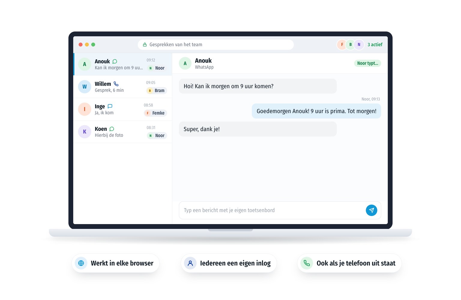 Een browservenster met het gedeelde overzicht van het team, waarin drie collega’s tegelijk ingelogd zijn. Eronder: werkt in elke browser, iedereen een eigen inlog en ook als je telefoon uit staat.