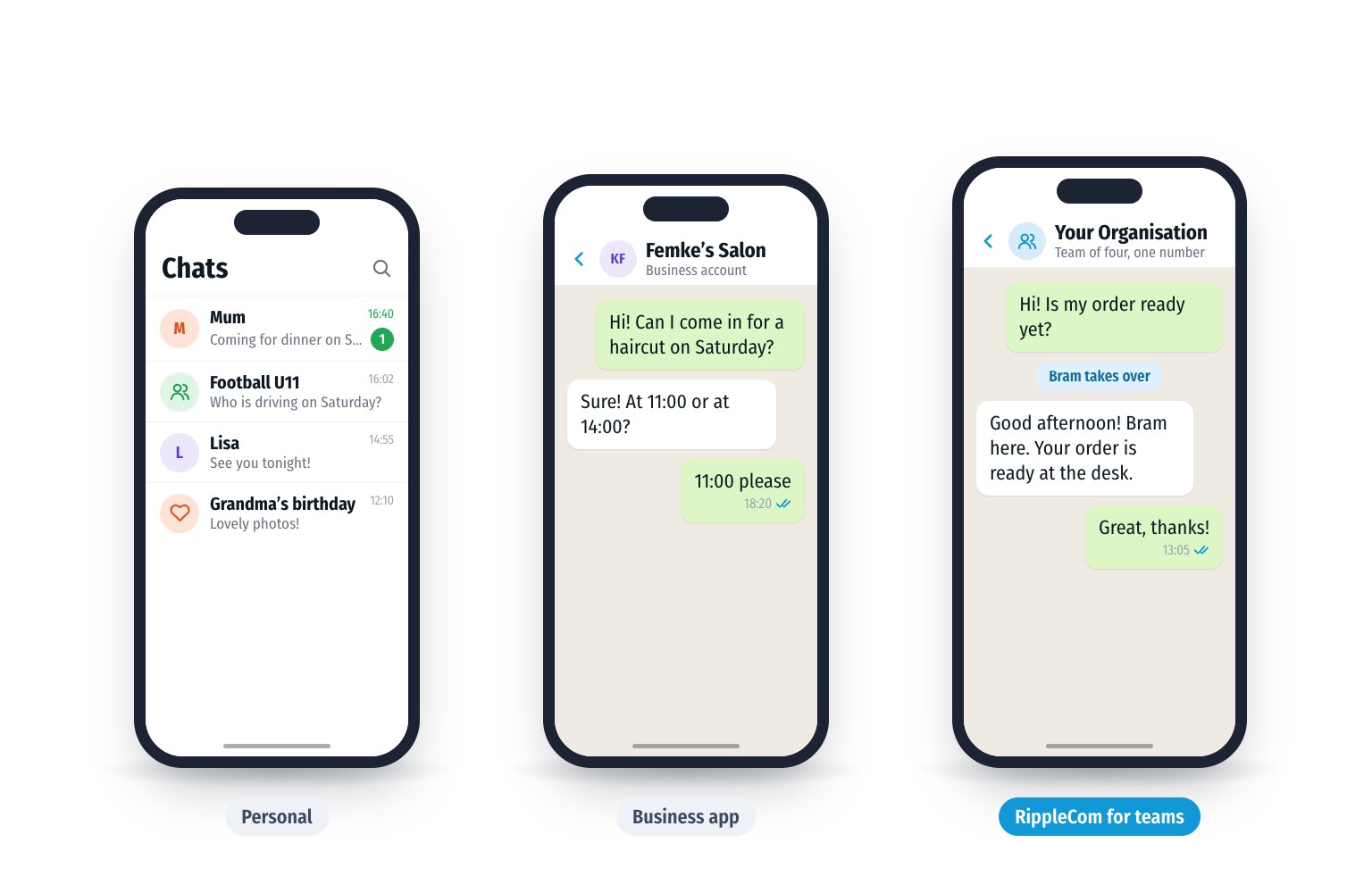 Three phones side by side: personal WhatsApp for family and friends, the business app for one entrepreneur and RippleCom, where a whole team works on one number.